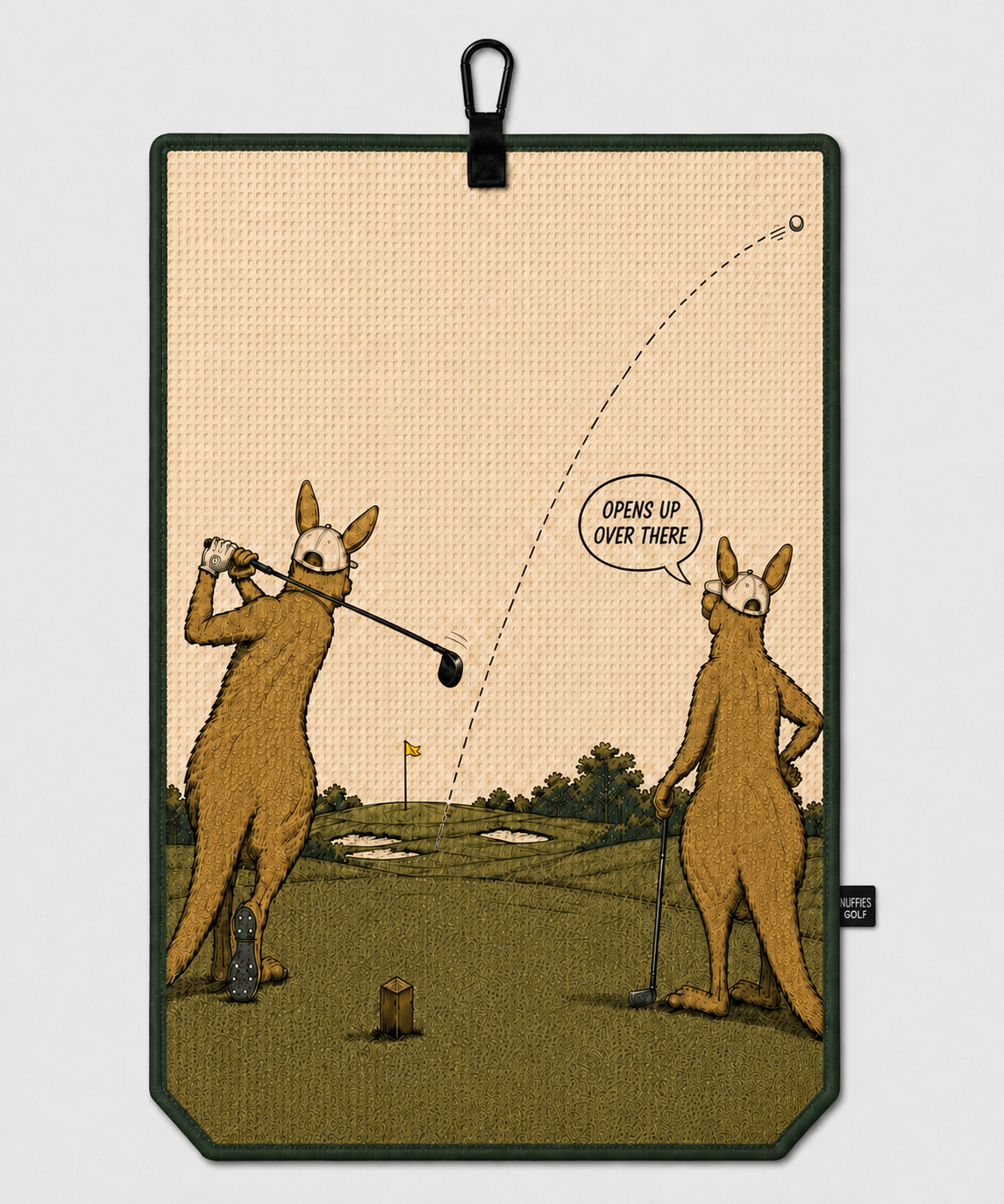 Opens Up Over There magnetic golf towel by Nuffies Golf