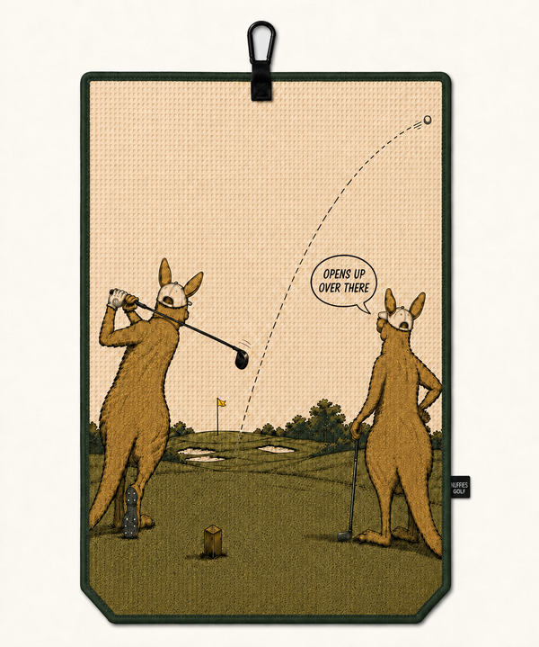 Opens Up Over There magnetic golf towel by Nuffies Golf
